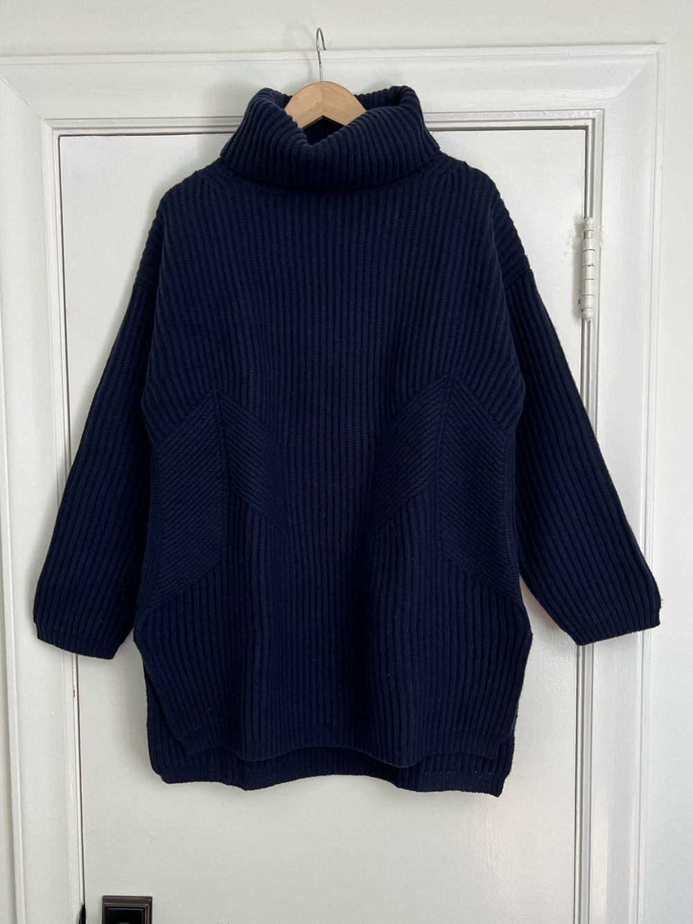 Thakoon Oversized Chunky Knit Lambswool Turtleneck Sweater Tunic, Navy, Medium